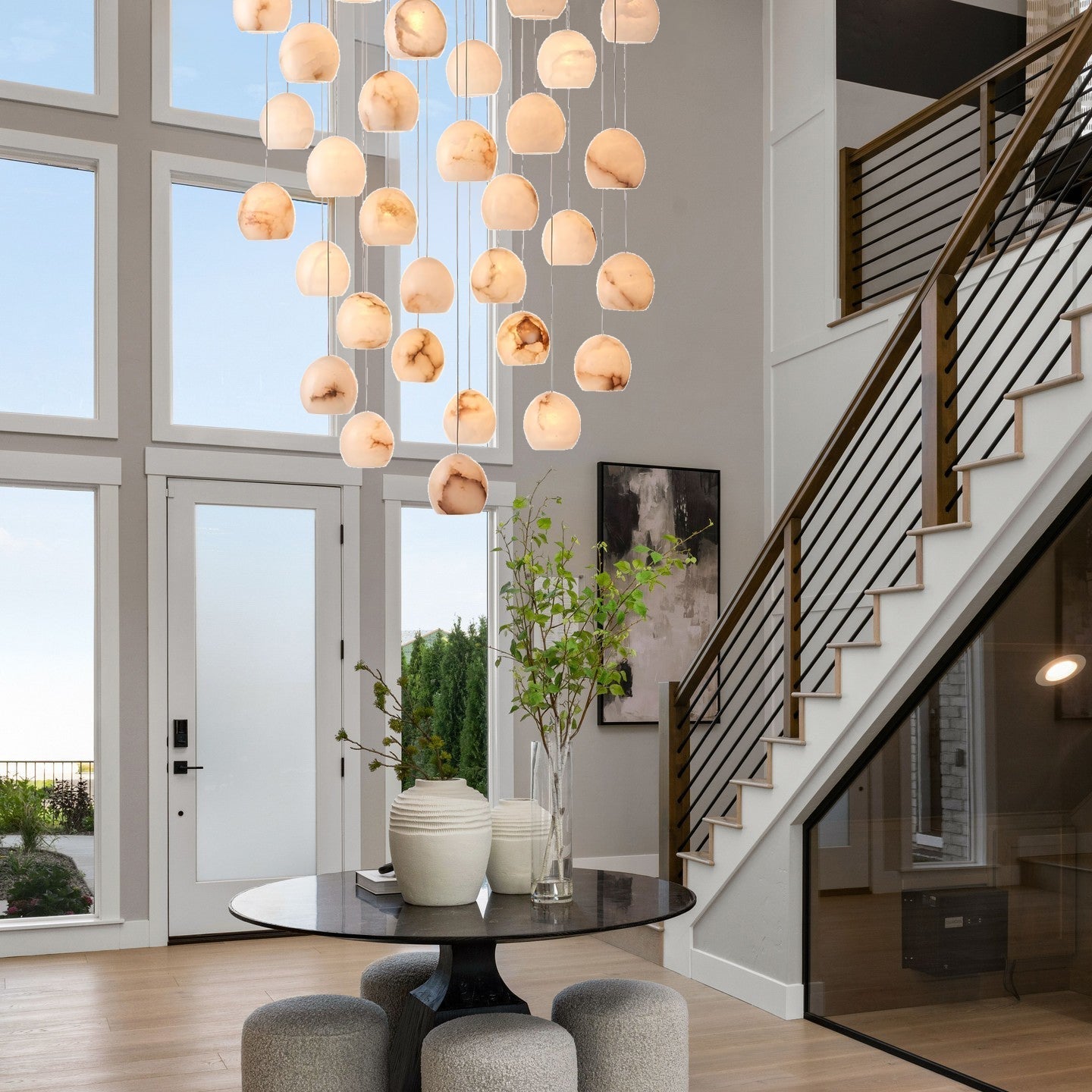 Arica Round Gold Chandelier with Natural Alabaster Stone Shades, Chandelier for High Ceiling - fovolighting