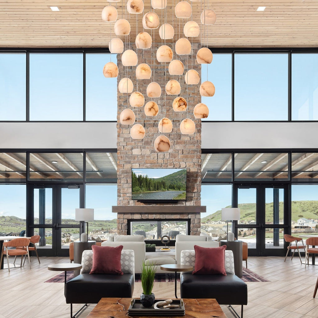 Arica Round Gold Chandelier with Natural Alabaster Stone Shades, Chandelier for High Ceiling - fovolighting