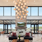 Arica Round Gold Chandelier with Natural Alabaster Stone Shades, Chandelier for High Ceiling - fovolighting