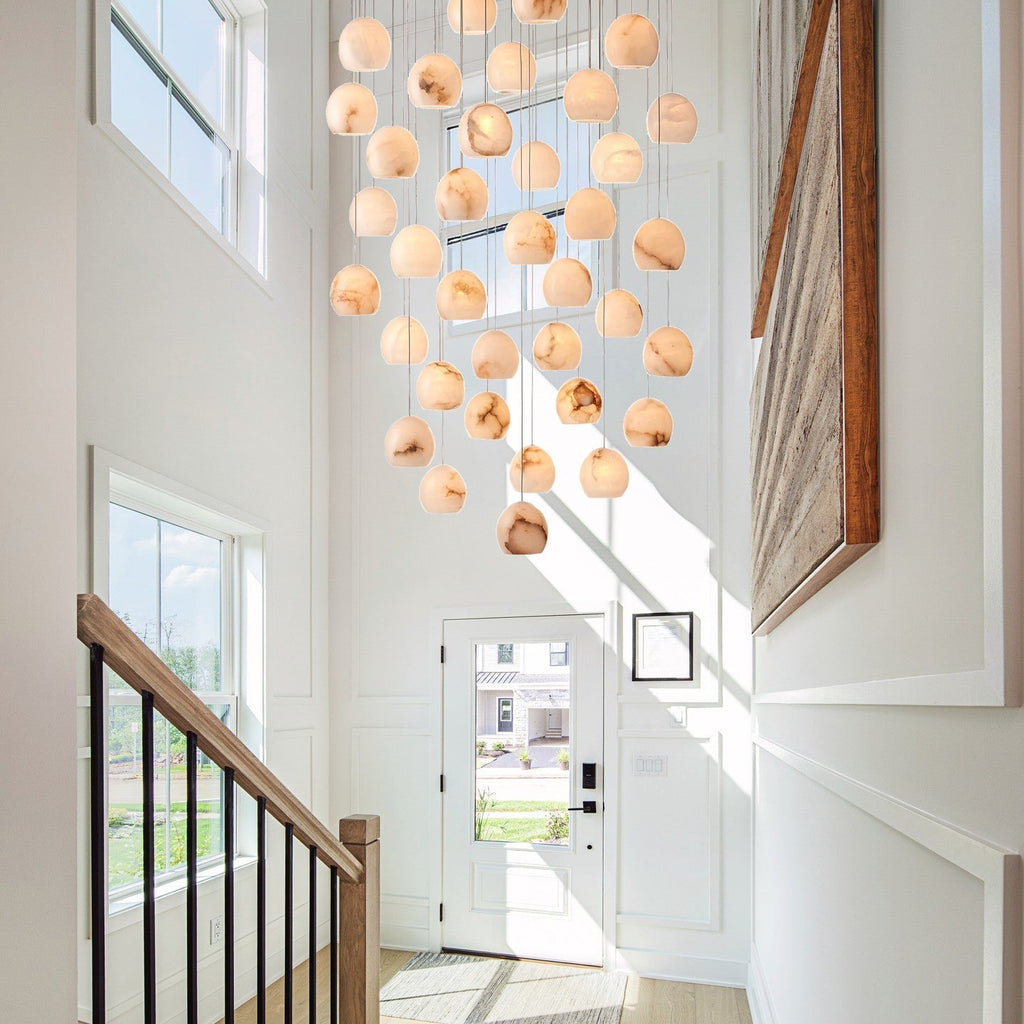 Arica Round Gold Chandelier with Natural Alabaster Stone Shades, Chandelier for High Ceiling - fovolighting