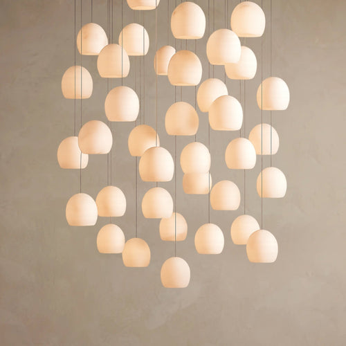 Arica Round Gold Chandelier with Natural Alabaster Stone Shades, Chandelier for High Ceiling - fovolighting