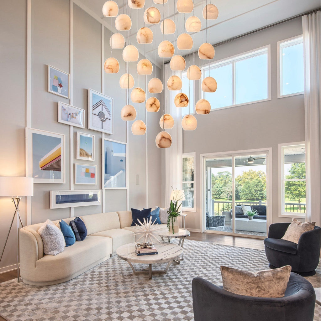 Arica Round Gold Chandelier with Natural Alabaster Stone Shades, Chandelier for High Ceiling - fovolighting