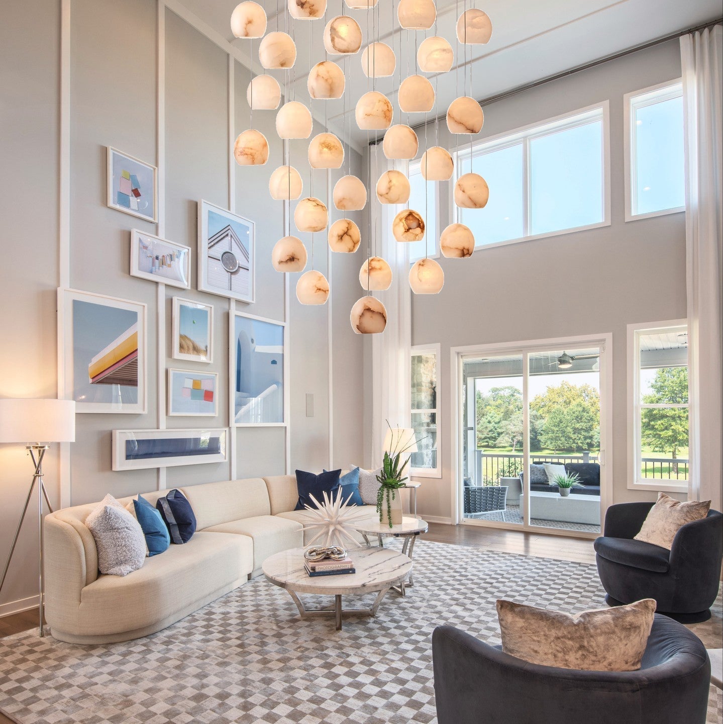 Arica Round Gold Chandelier with Natural Alabaster Stone Shades, Chandelier for High Ceiling - fovolighting