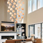 Arica Round Gold Chandelier with Natural Alabaster Stone Shades, Chandelier for High Ceiling - fovolighting