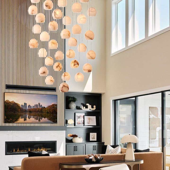 Arica Round Gold Chandelier with Natural Alabaster Stone Shades, Chandelier for High Ceiling - fovolighting