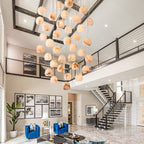 Arica Round Gold Chandelier with Natural Alabaster Stone Shades, Chandelier for High Ceiling - fovolighting