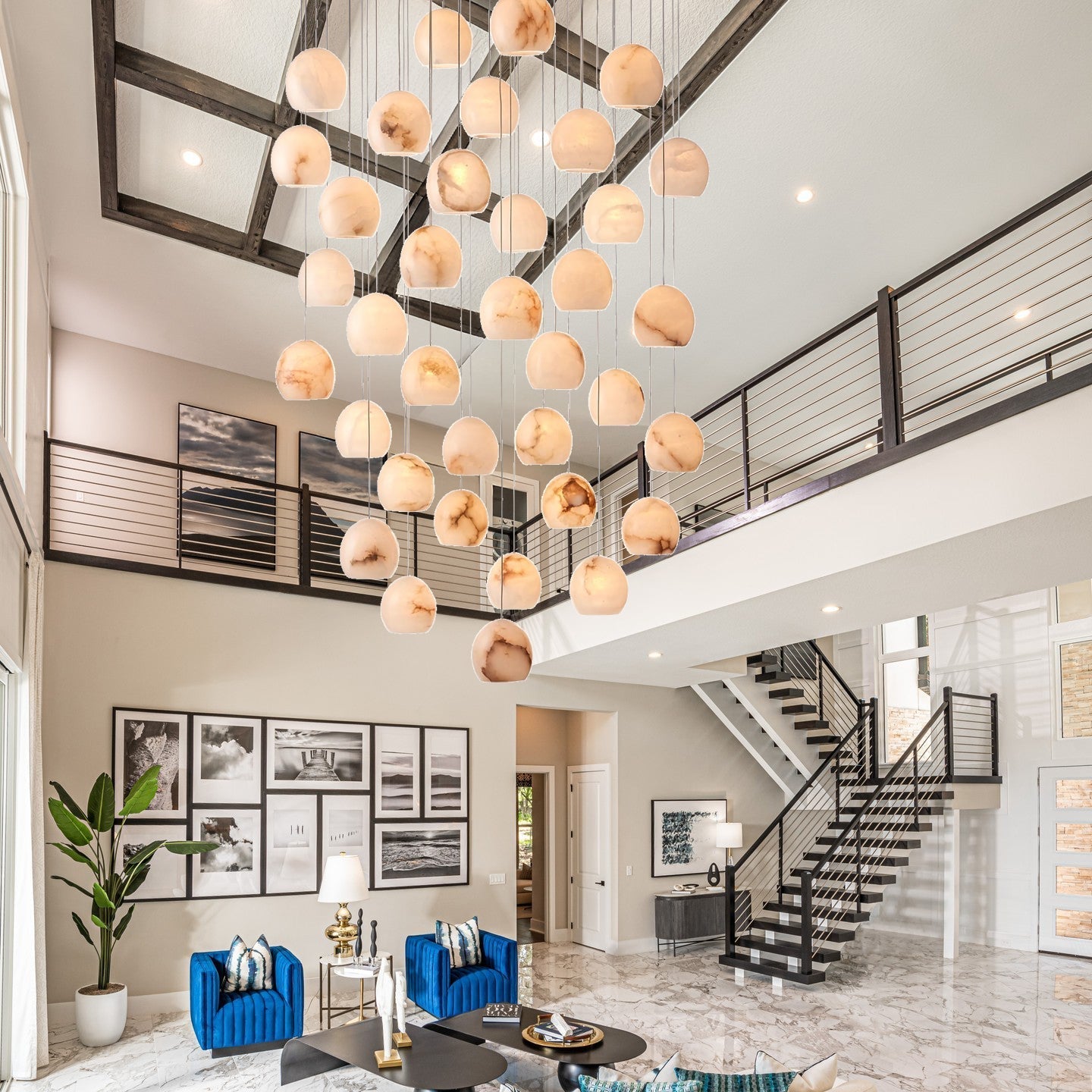 Arica Round Gold Chandelier with Natural Alabaster Stone Shades, Chandelier for High Ceiling - fovolighting