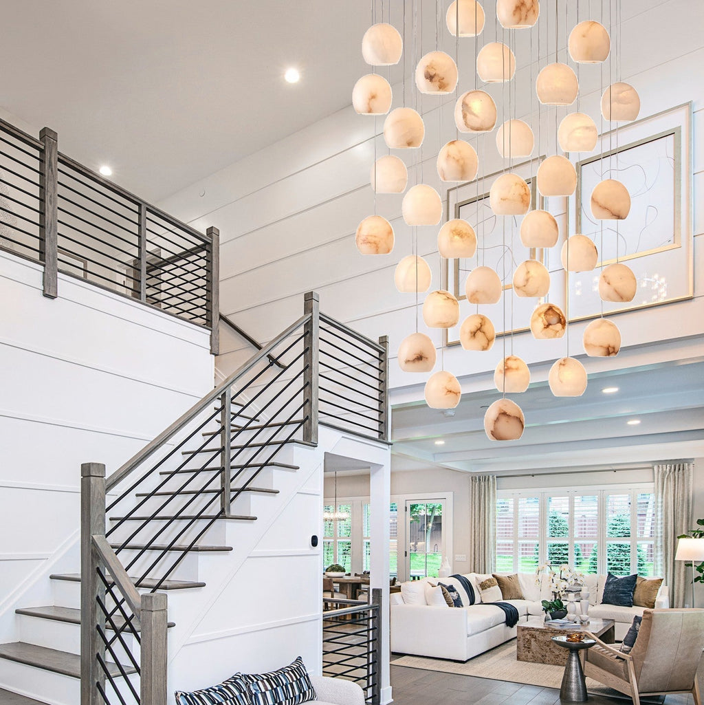 Arica Round Gold Chandelier with Natural Alabaster Stone Shades, Chandelier for High Ceiling - fovolighting
