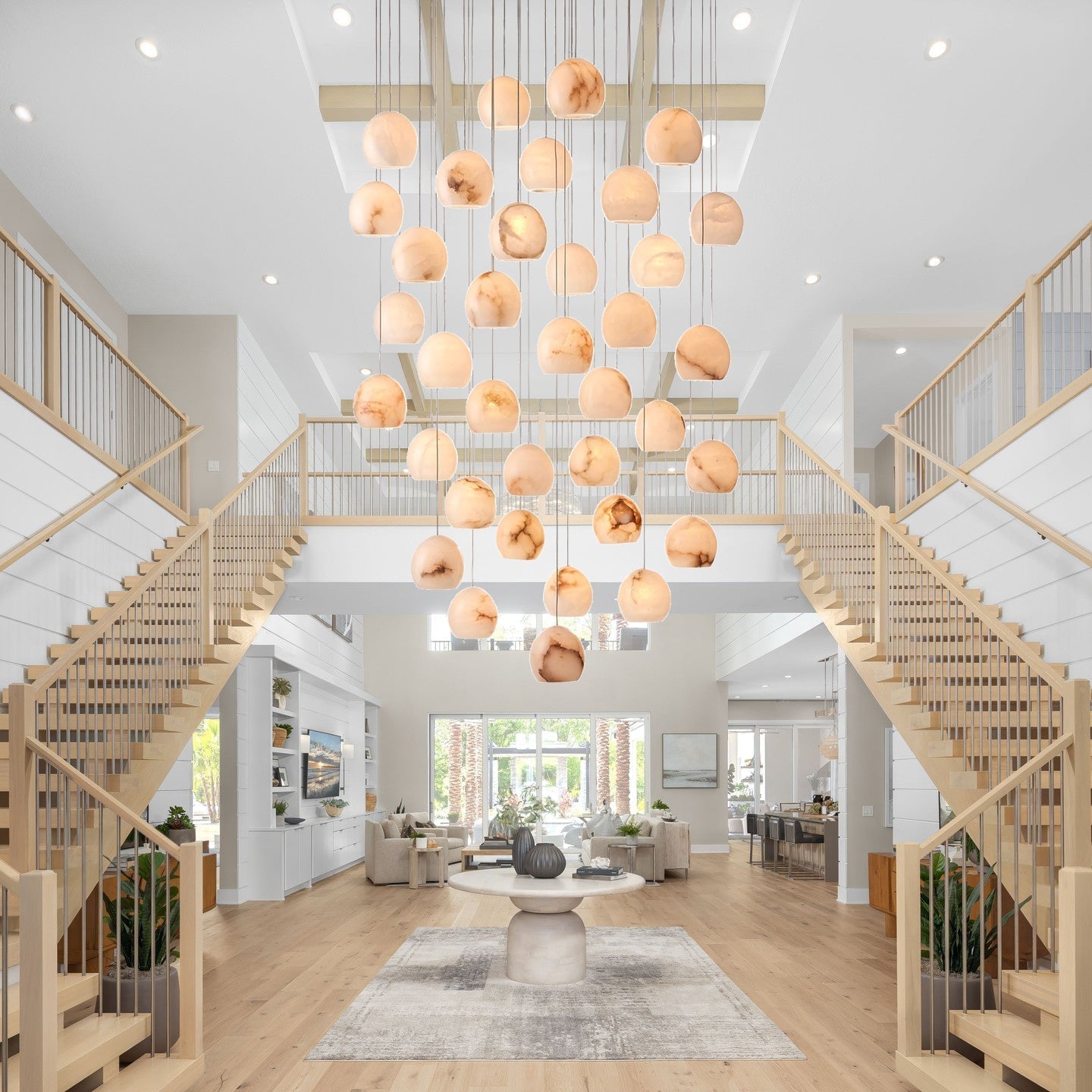 Arica Round Gold Chandelier with Natural Alabaster Stone Shades, Chandelier for High Ceiling - fovolighting