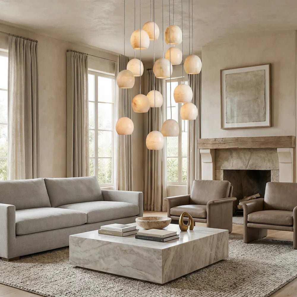 Arica Round Gold Chandelier with Natural Alabaster Stone Shades - fovolighting