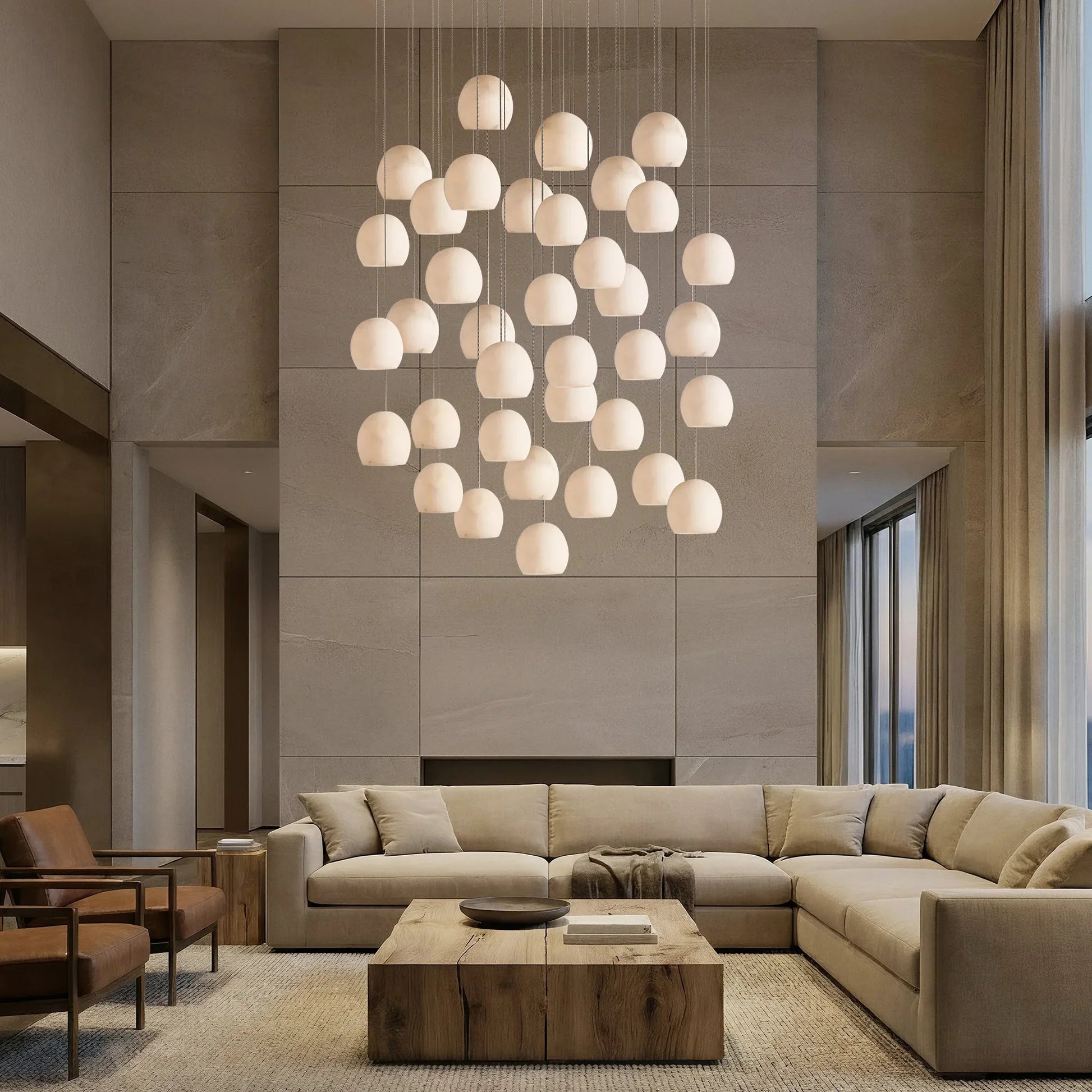 Arica Round Gold Chandelier with Natural Alabaster Stone Shades - fovolighting