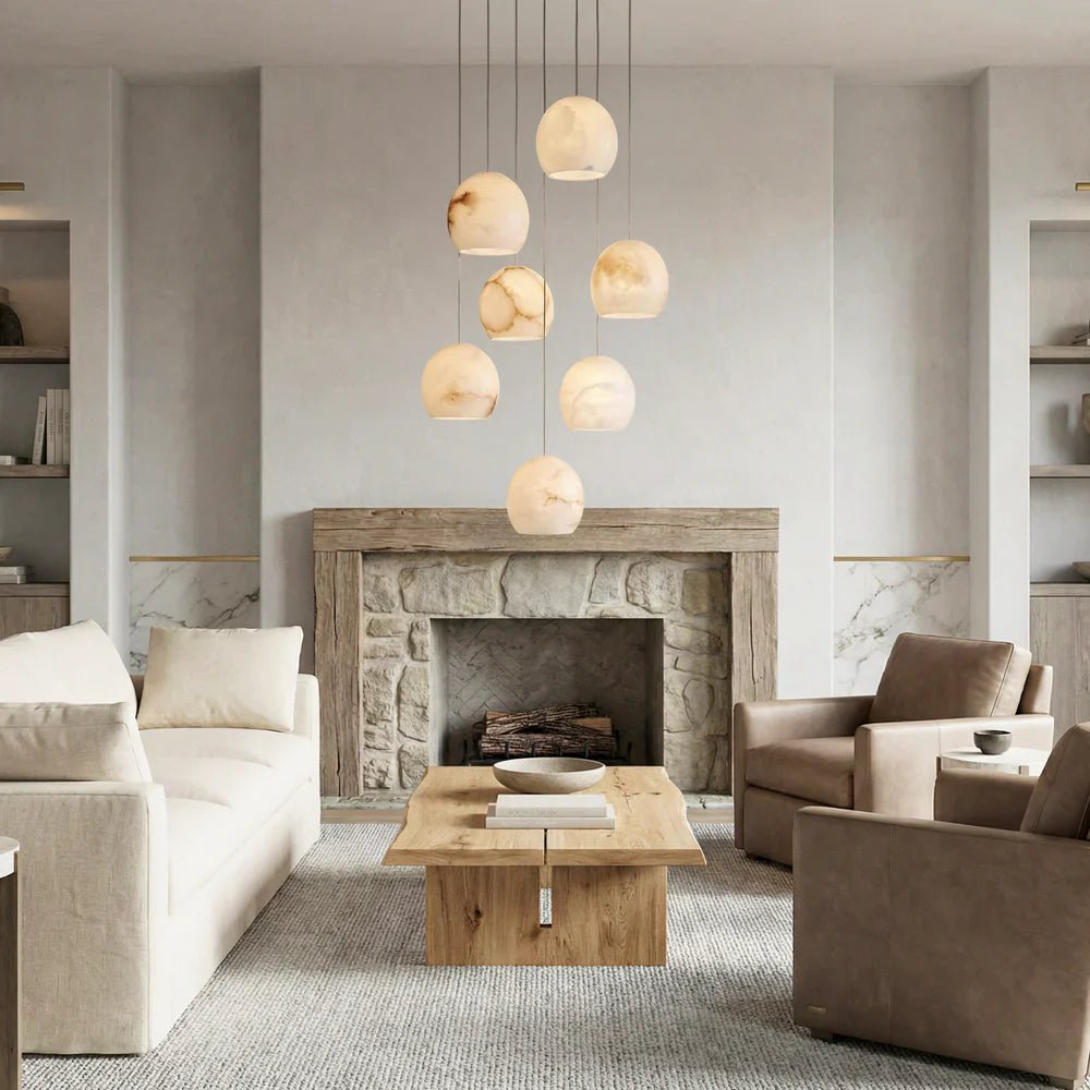 Arica Round Gold Chandelier with Natural Alabaster Stone Shades - fovolighting