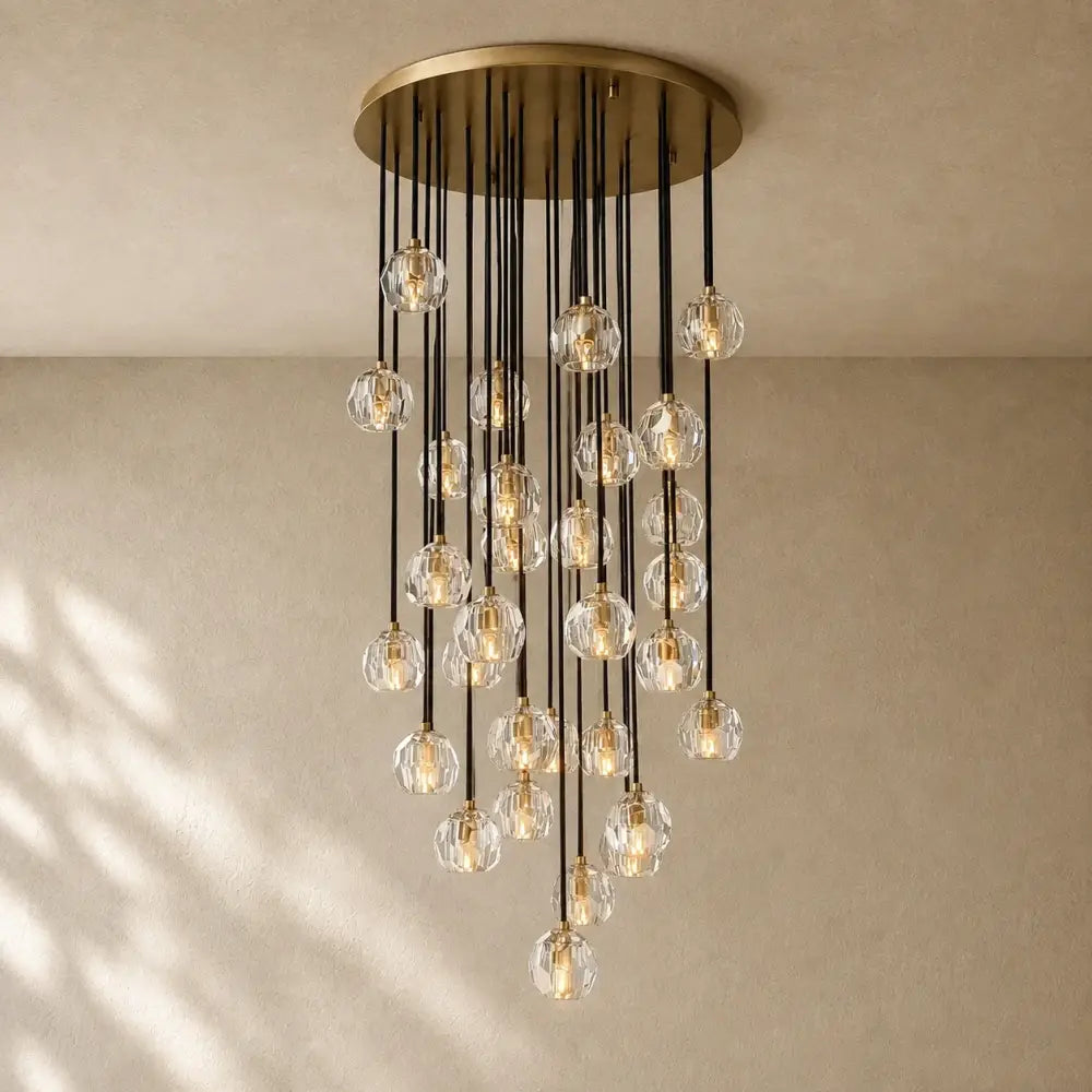 Boulee de Cristal Glass Round Cluster Chandelier - Lacquered Burnished Brass / 30’’ / Clear