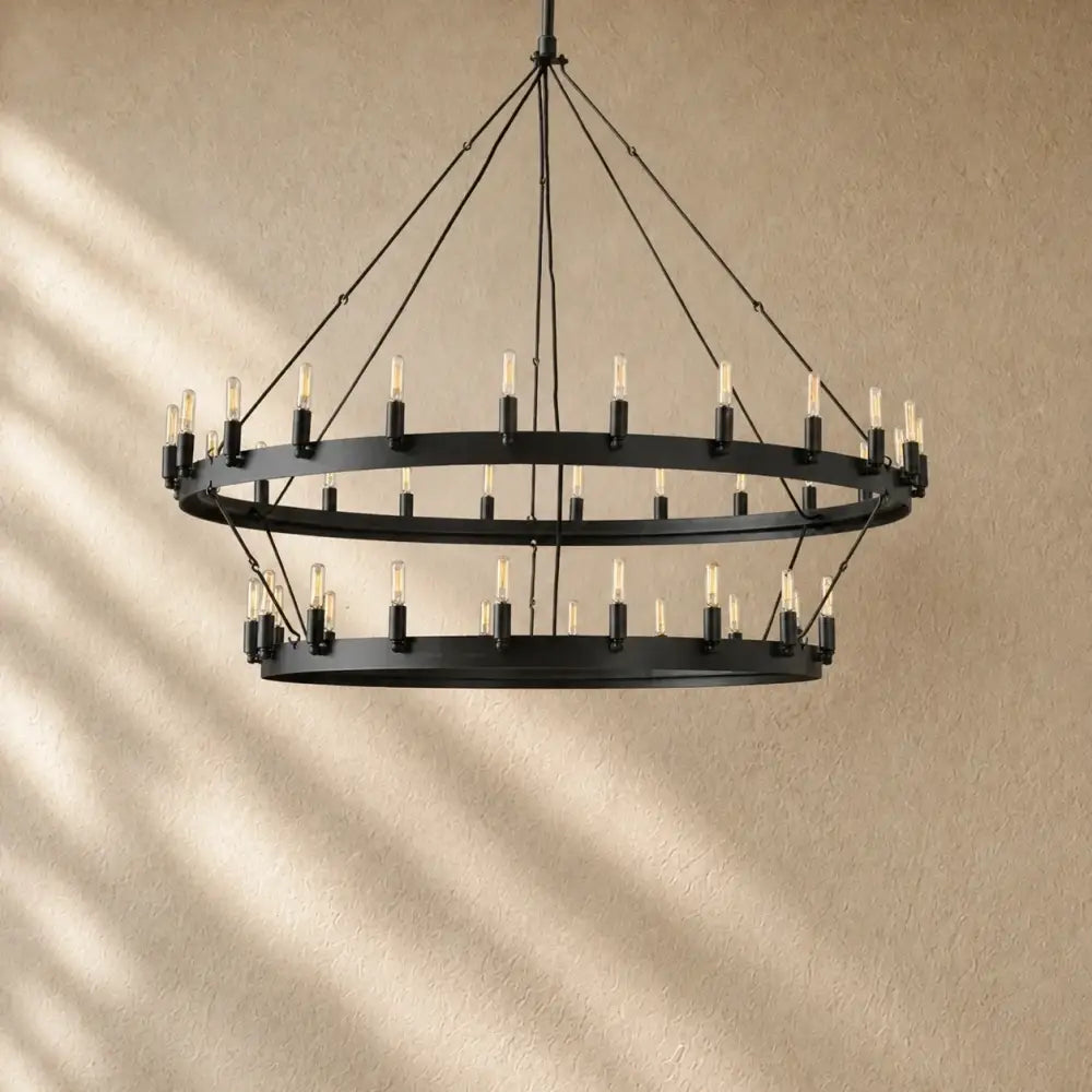Caminon Vintage 2-Tier Round Chandelier - 50’’D / Matte Black / Filament