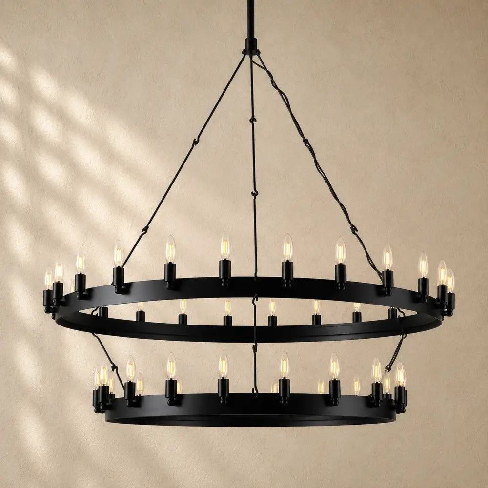 Caminon Vintage 2-Tier Round Chandelier - 63’’D / Matte Black / Candelabra