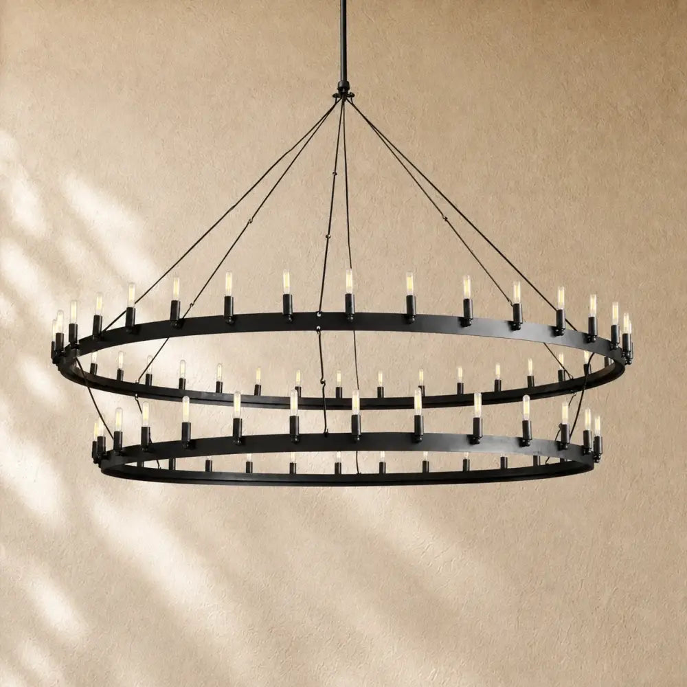 Caminon Vintage 2-Tier Round Chandelier - 73’’D / Matte Black / Filament