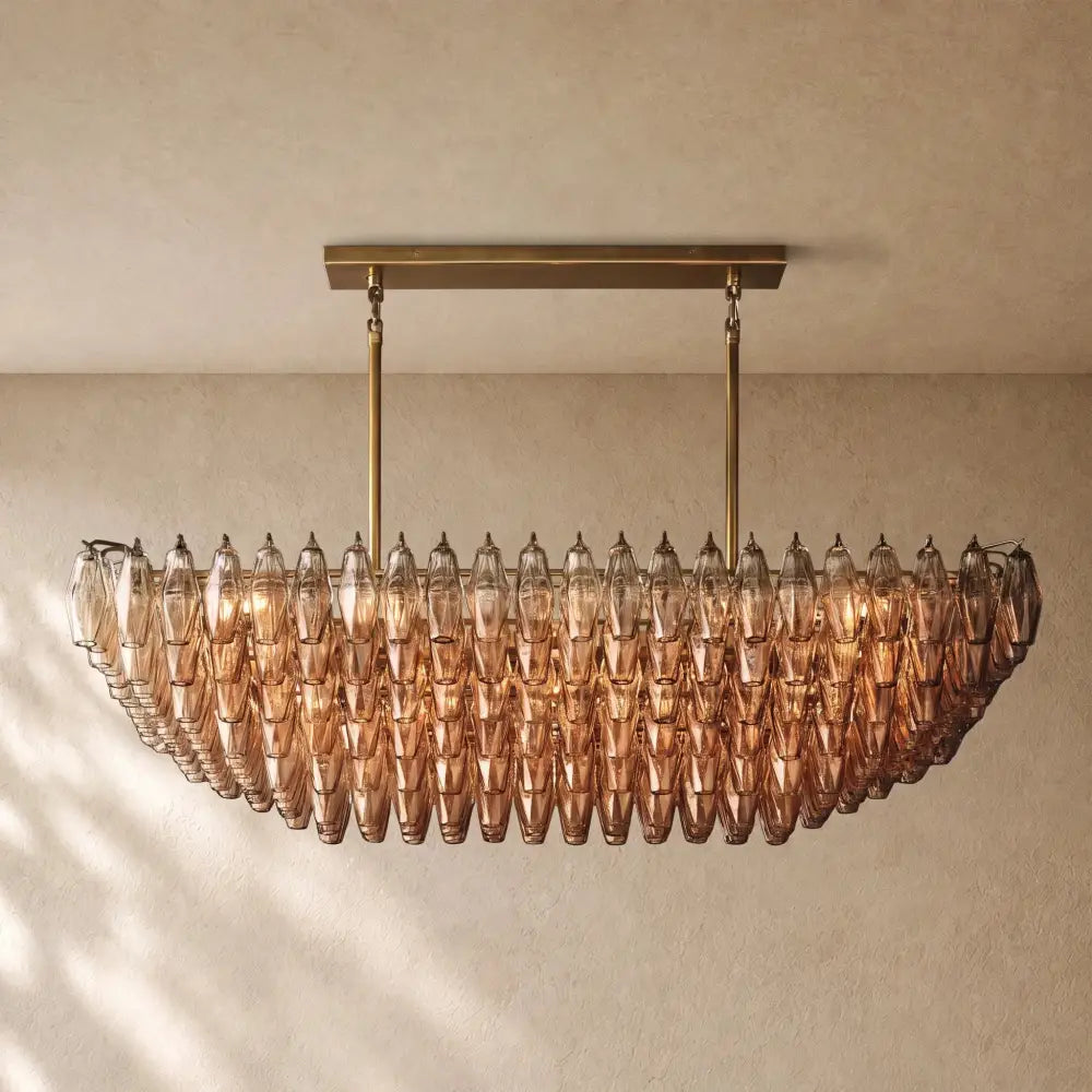 Chiaramn Glass Tired Rectangular Chandelier 54’’74’’ - Smoke / 54’’ / Lacquered Burnished Brasss