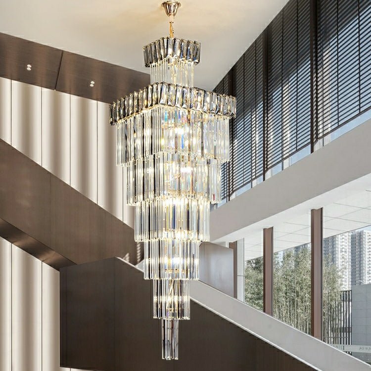 Decorative Large Vertical Crystal Staircase Chandelier Foyer Ceiling Light Fixture Lamp In Gray/ Amber Brim - fovolighting