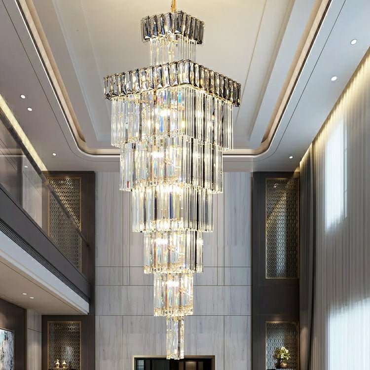 Decorative Large Vertical Crystal Staircase Chandelier Foyer Ceiling Light Fixture Lamp In Gray/ Amber Brim - fovolighting