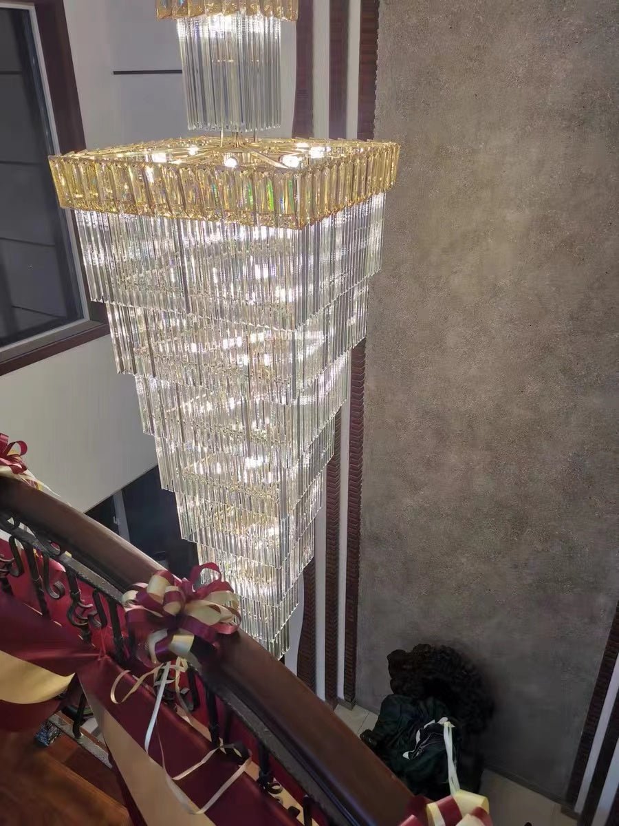 Decorative Large Vertical Crystal Staircase Chandelier Foyer Ceiling Light Fixture Lamp In Gray/ Amber Brim - fovolighting