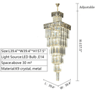 Decorative Large Vertical Crystal Staircase Chandelier Foyer Ceiling Light Fixture Lamp In Gray/ Amber Brim - fovolighting