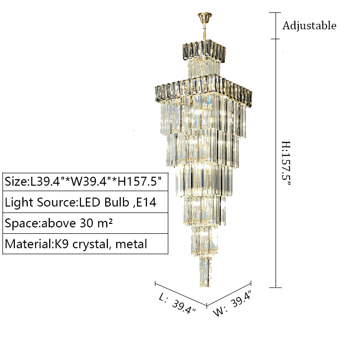 Decorative Large Vertical Crystal Staircase Chandelier Foyer Ceiling Light Fixture Lamp In Gray/ Amber Brim - fovolighting