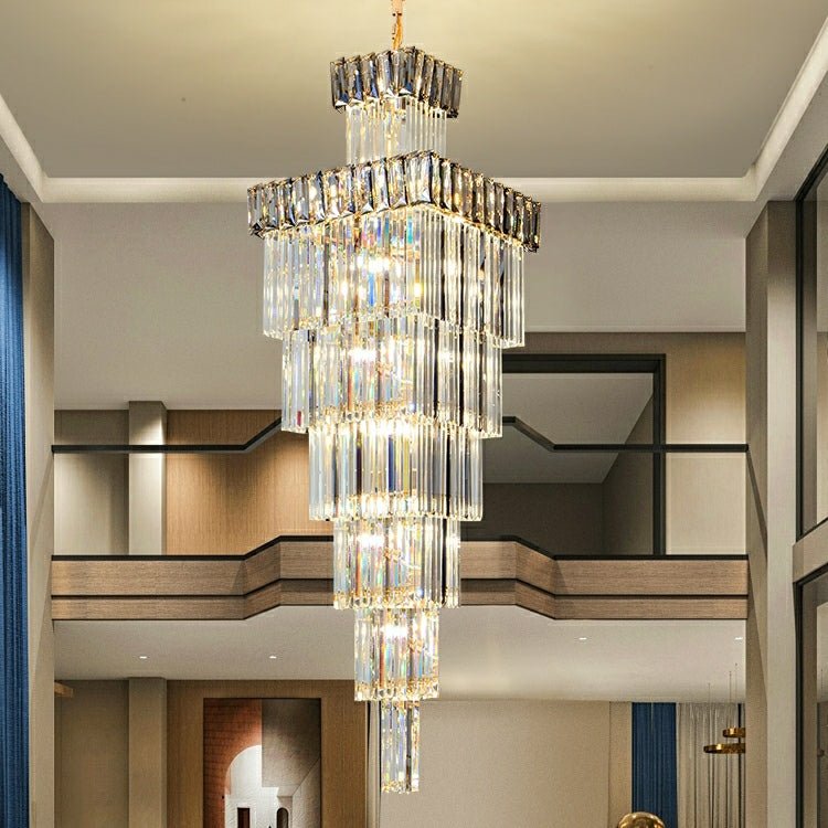Decorative Large Vertical Crystal Staircase Chandelier Foyer Ceiling Light Fixture Lamp In Gray/ Amber Brim - fovolighting