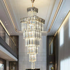 Decorative Large Vertical Crystal Staircase Chandelier Foyer Ceiling Light Fixture Lamp In Gray/ Amber Brim - fovolighting