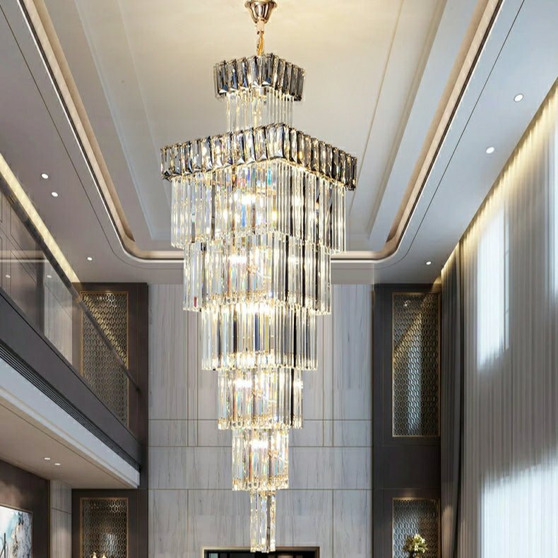 Decorative Large Vertical Crystal Staircase Chandelier Foyer Ceiling Light Fixture Lamp In Gray/ Amber Brim - fovolighting