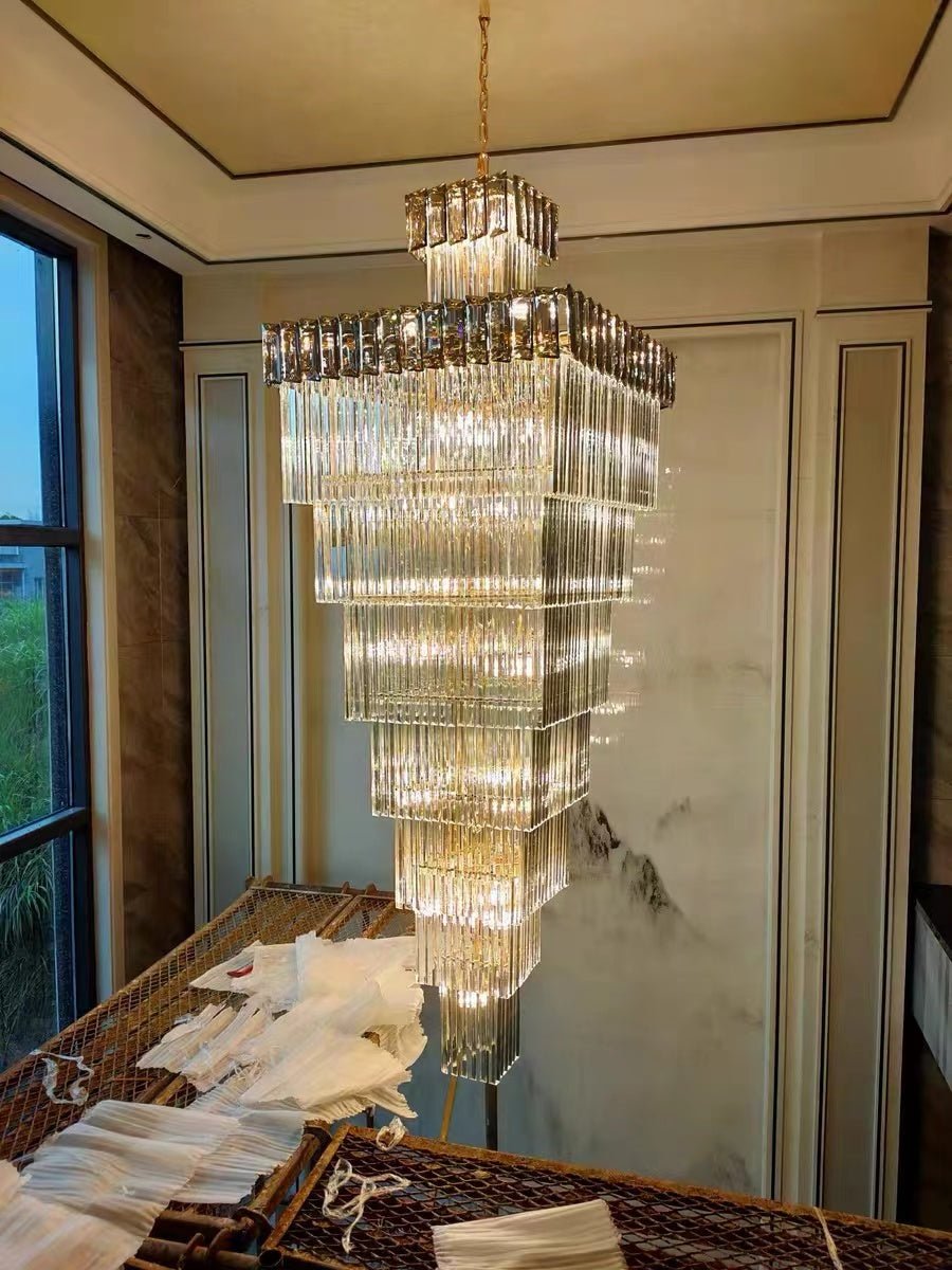 Decorative Large Vertical Crystal Staircase Chandelier Foyer Ceiling Light Fixture Lamp In Gray/ Amber Brim - fovolighting