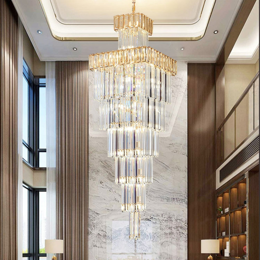 Decorative Large Vertical Crystal Staircase Chandelier Foyer Ceiling Light Fixture Lamp In Gray/ Amber Brim - fovolighting