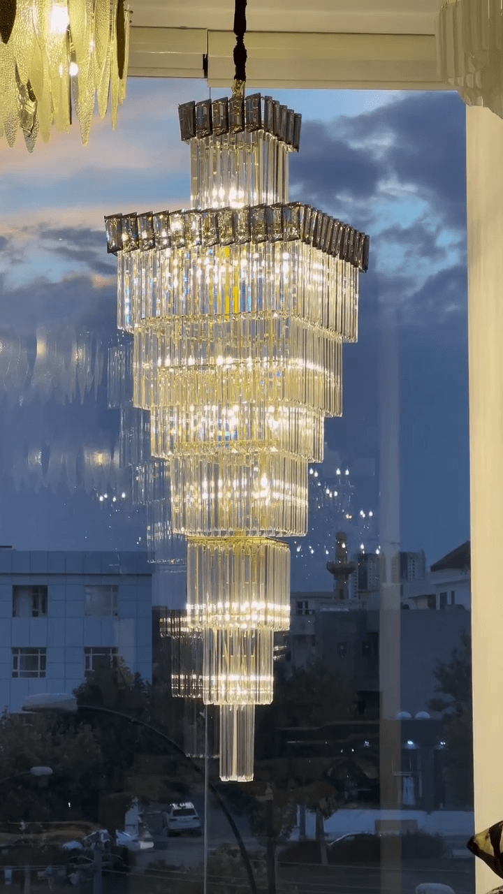 Decorative Large Vertical Crystal Staircase Chandelier Foyer Ceiling Light Fixture Lamp In Gray/ Amber Brim - fovolighting