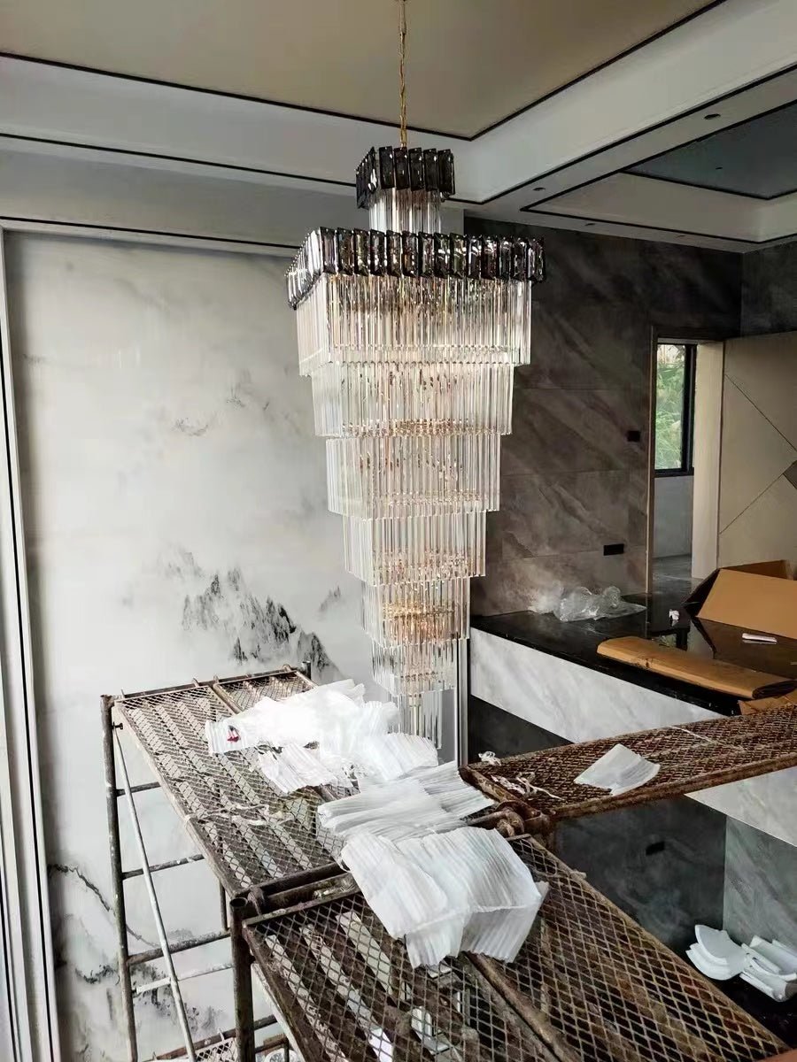 Decorative Large Vertical Crystal Staircase Chandelier Foyer Ceiling Light Fixture Lamp In Gray/ Amber Brim - fovolighting