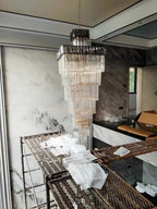 Decorative Large Vertical Crystal Staircase Chandelier Foyer Ceiling Light Fixture Lamp In Gray/ Amber Brim - fovolighting