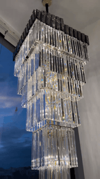 Decorative Large Vertical Crystal Staircase Chandelier Foyer Ceiling Light Fixture Lamp In Gray/ Amber Brim - fovolighting