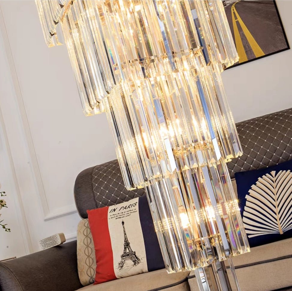 Decorative Large Vertical Crystal Staircase Chandelier Foyer Ceiling Light Fixture Lamp In Gray/ Amber Brim - fovolighting