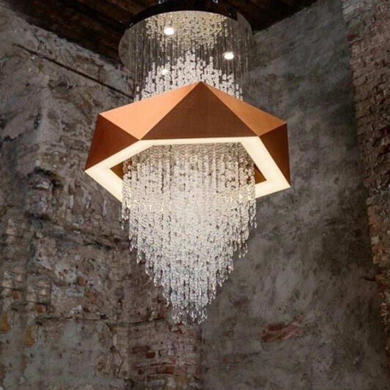 Duplex Living Room Crystal Pendant Chandelier Luxury Hotel Entryway Ceiling Light Fixture In Gold Finish - fovolighting