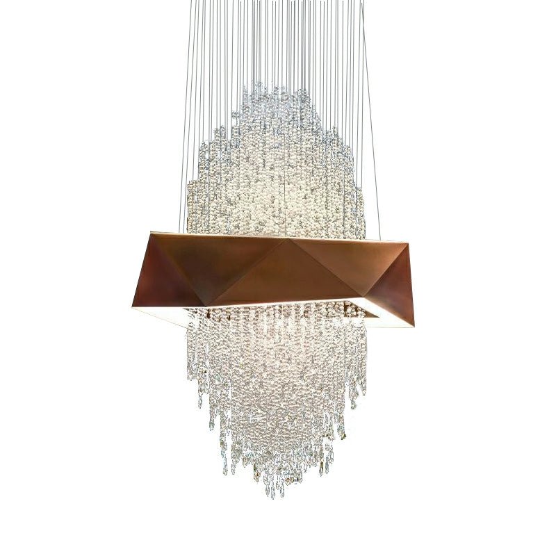 Duplex Living Room Crystal Pendant Chandelier Luxury Hotel Entryway Ceiling Light Fixture In Gold Finish - fovolighting