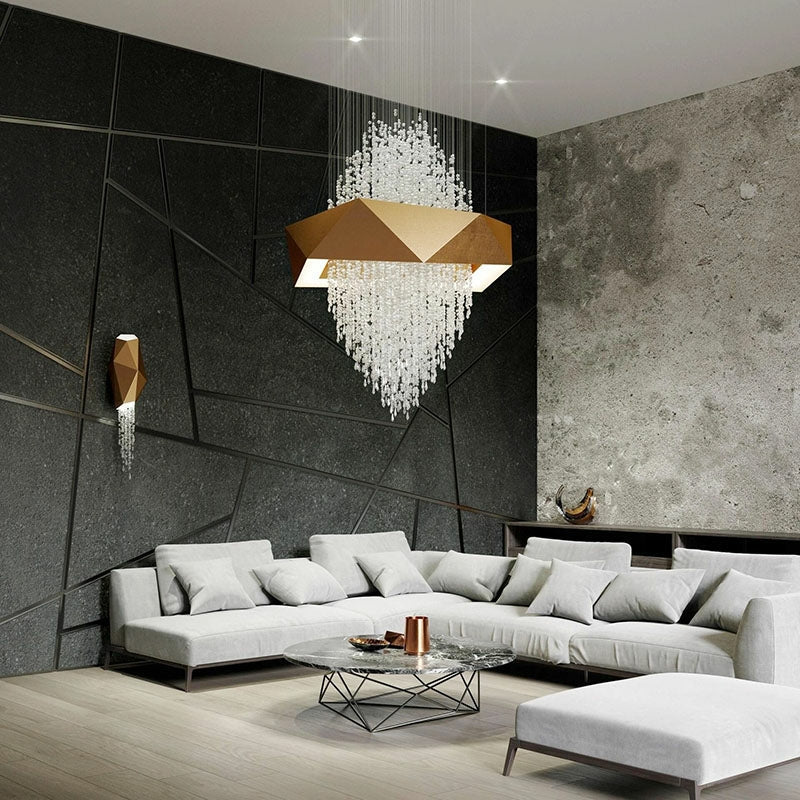 Duplex Living Room Crystal Pendant Chandelier Luxury Hotel Entryway Ceiling Light Fixture In Gold Finish - fovolighting