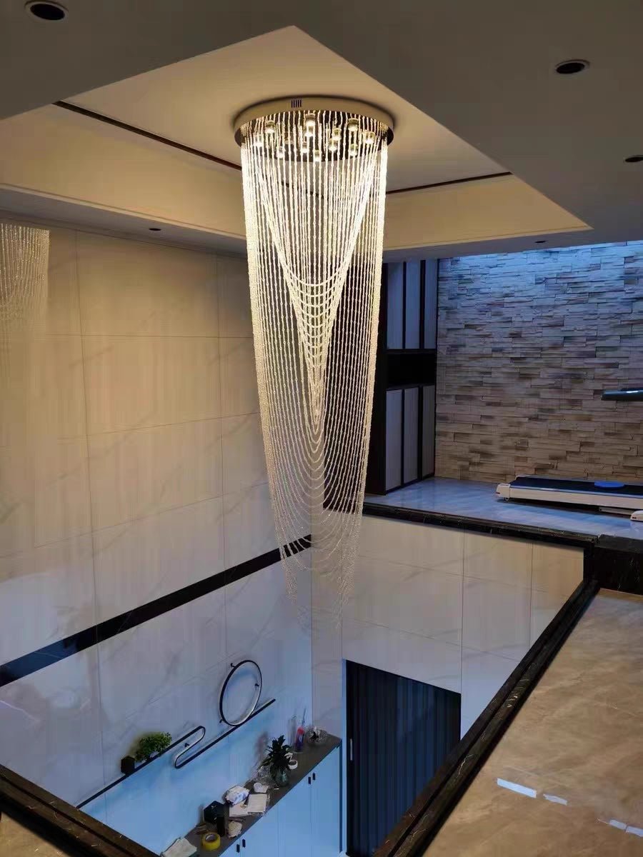 Extra Large Affordable Luxury Tiered Tassel Watefall Crystal Chandelier for Spiral Staircase/Villa/Hotel Lobby/Foyer - fovolighting