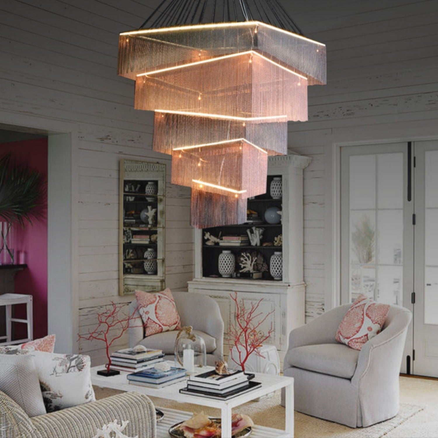 Extra Large Art Multi - tier Aluminum Chain Tassel Chandelier for High - Ceiling Room - fovolighting