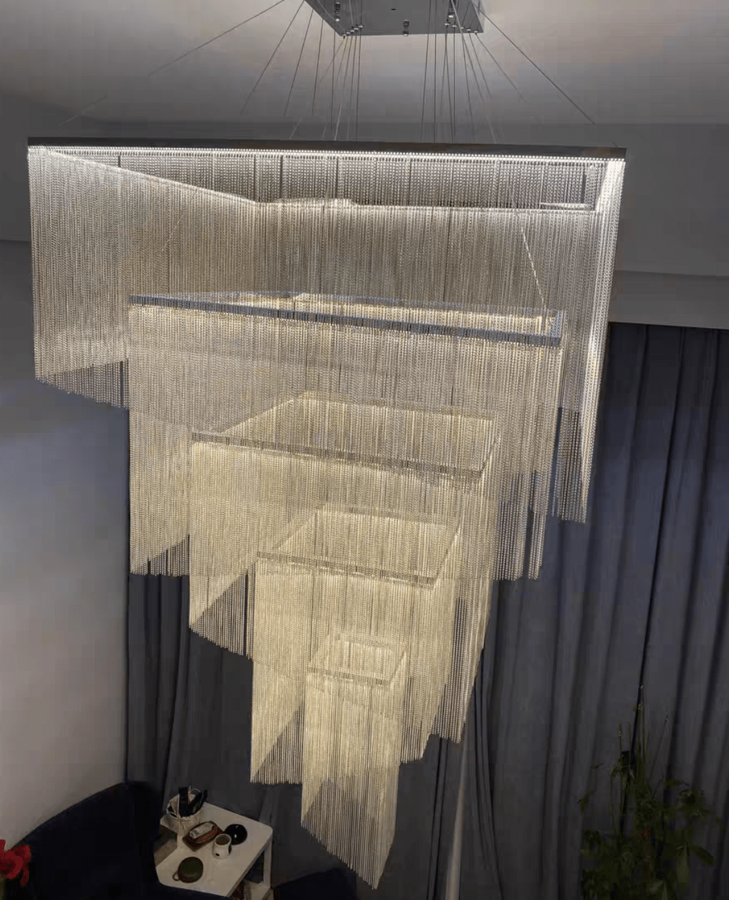 Extra Large Art Multi - tier Aluminum Chain Tassel Chandelier for High - Ceiling Room - fovolighting