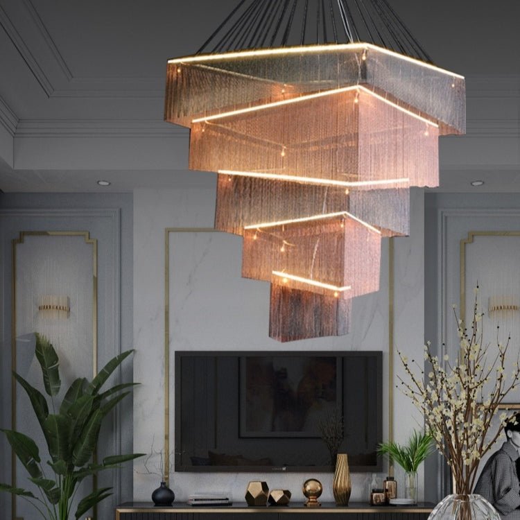 Extra Large Art Multi - tier Aluminum Chain Tassel Chandelier for High - Ceiling Room - fovolighting