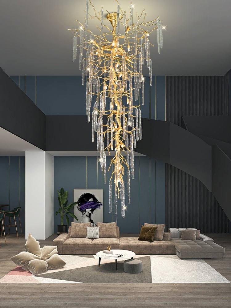 Extra Large Brass Tree Branch LED Chandelier Crystal Bar Drops Ceiling Light Fixture For Foyer Living Room Hall - fovolighting
