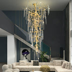 Extra Large Brass Tree Branch LED Chandelier Crystal Bar Drops Ceiling Light Fixture For Foyer Living Room Hall - fovolighting