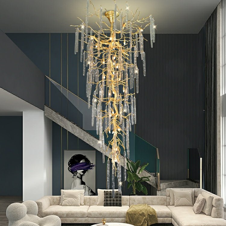 Extra Large Brass Tree Branch LED Chandelier Crystal Bar Drops Ceiling Light Fixture For Foyer Living Room Hall - fovolighting