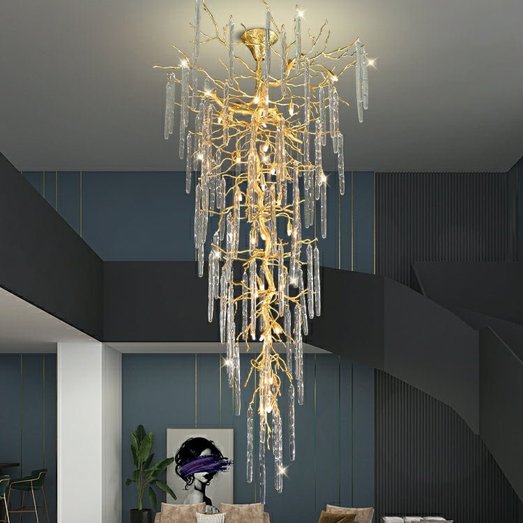 Extra Large Brass Tree Branch LED Chandelier Crystal Bar Drops Ceiling Light Fixture For Foyer Living Room Hall - fovolighting