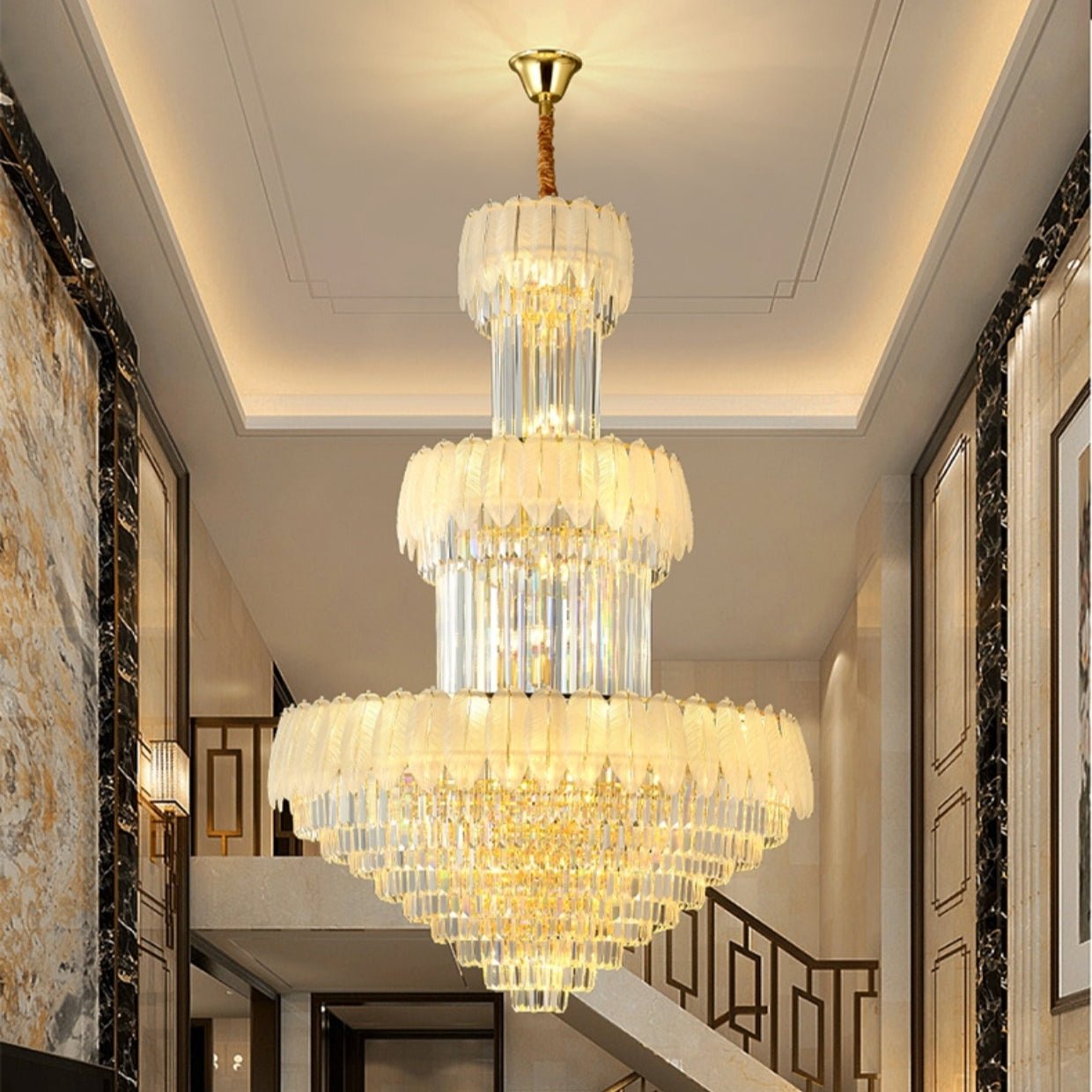 Extra Large Crystal Feather Style Chandelier Long Foyer Staircase Ceiling Lighting Fixture For Living Room - fovolighting