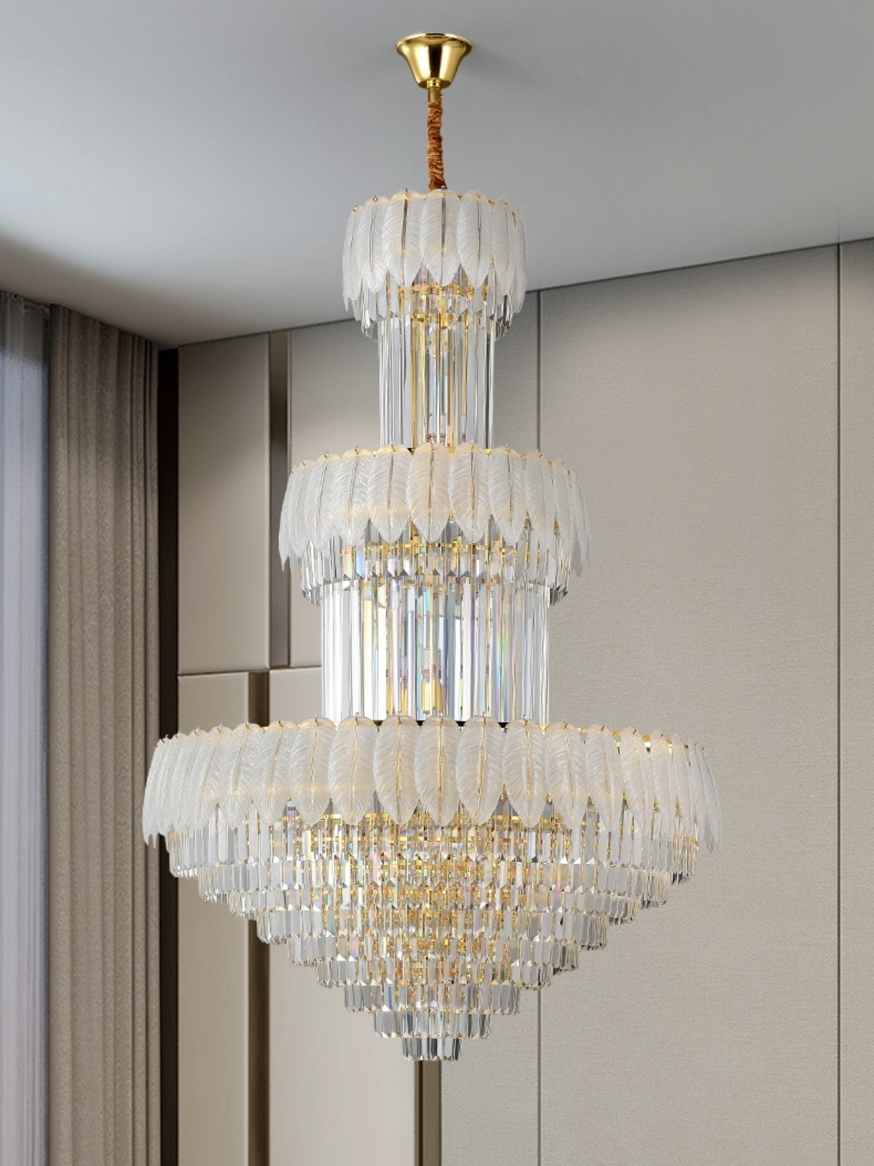 Extra Large Crystal Feather Style Chandelier Long Foyer Staircase Ceiling Lighting Fixture For Living Room - fovolighting