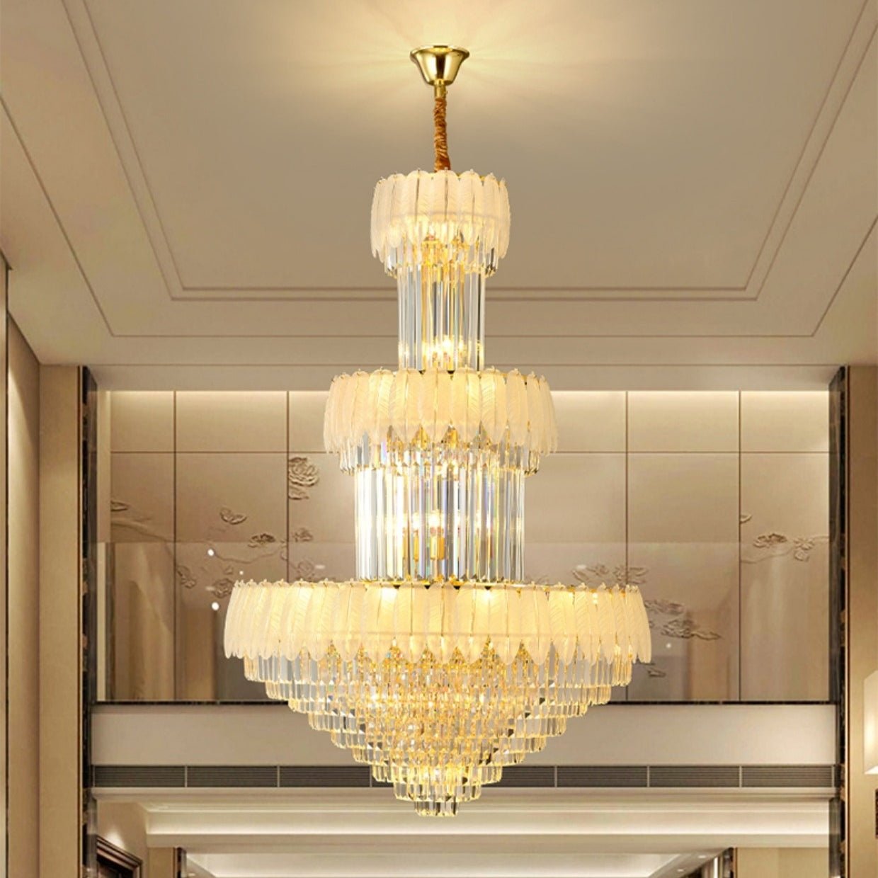 Extra Large Crystal Feather Style Chandelier Long Foyer Staircase Ceiling Lighting Fixture For Living Room - fovolighting